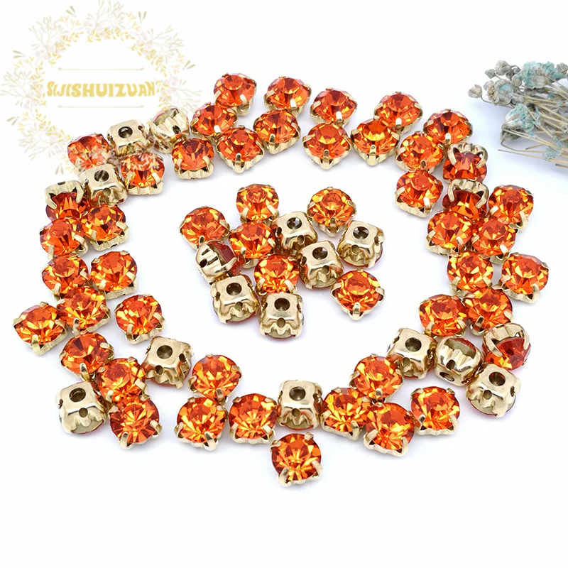 3mm 4mm 5mm 7mm 8mm Glitter Orange Red Silver Claws Sew on Round Rhinestones For Needlework DIY Glass Crystals Stones Clothes