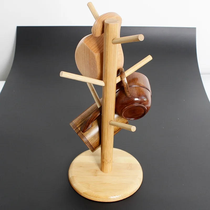 

Eco-Friendly Wooden Coffee Mug Tree Tea Cup Holder Stand Mug Storage Rack with 6 Hooks High Quality Wooden Storage Stand Shelf