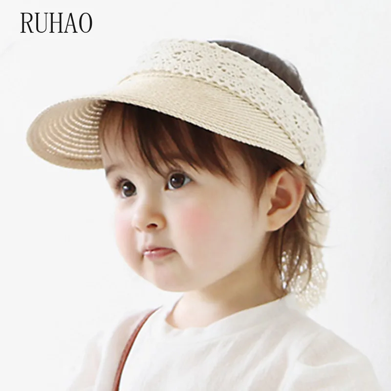 RUHAO Summer baby girls Straw Sun Hat Kids Beach Hats Girl Lace Empty Top Hat Children visors hat