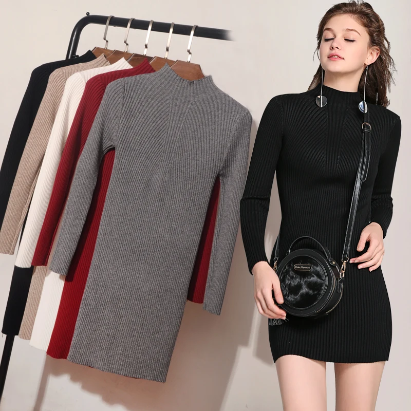 

Slim Long Knitted O-neck Mini Dress vestido Winter Sweater Women and pullovers Autumn Dress Women Sweaters And Pullovers Dress