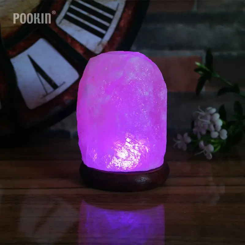 LED Changeable Colors  Himalayan Crystal Rock Salt Lamp Natural Hand Carved USB Wooden Base  Air Purifier Night Light