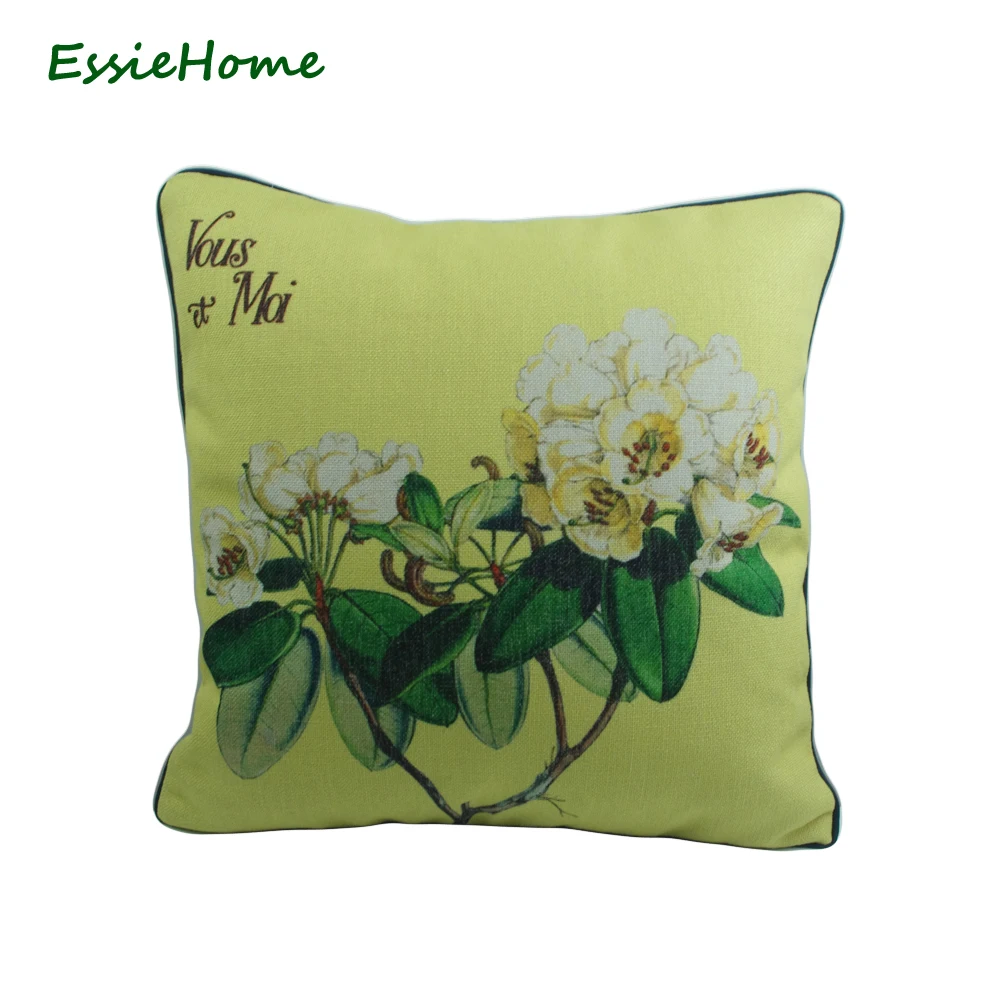 

ESSIE HOME Hand Draw Vintage Print Floral Cotton Linen Pillow Cushion Cover Throw Yellow Pillow Case Pillow Apocynum Plumeria