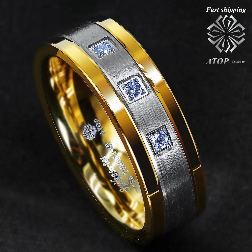 

8mm Silver Tungsten Ring Brushed 18K Gold Diamonds ATOP-LUXURY Men's Wedding Band