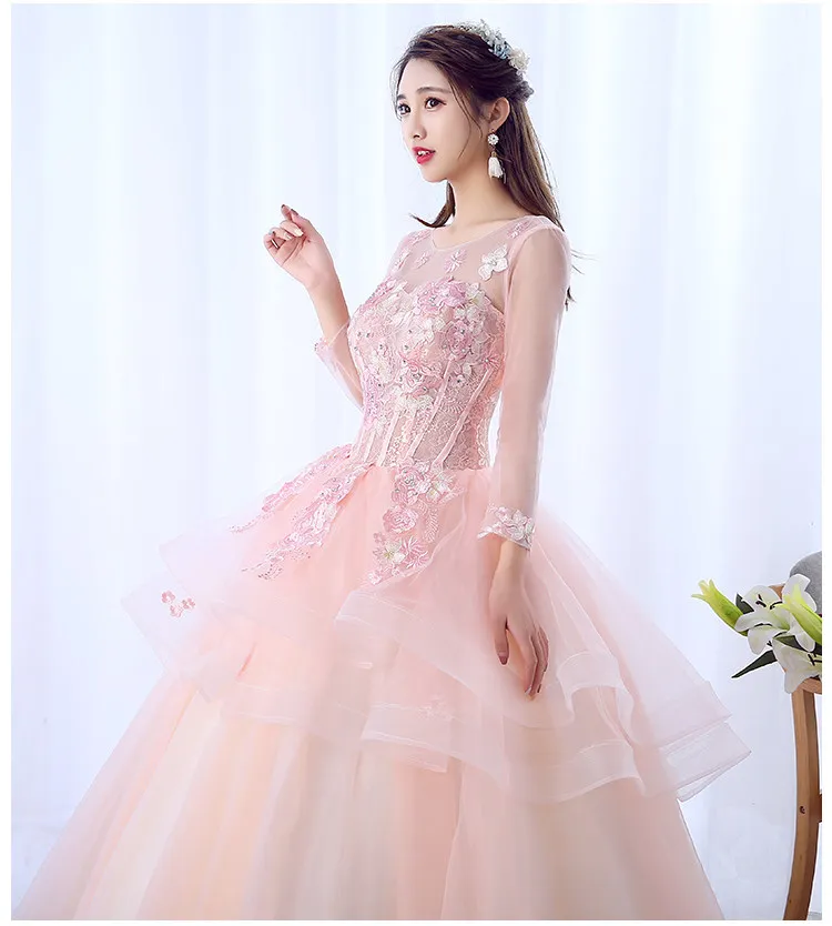 100%real light pale pink fairy long sleeve cosplay ball gown royal princess Medieval Renaissance Victorian dress Belle ball