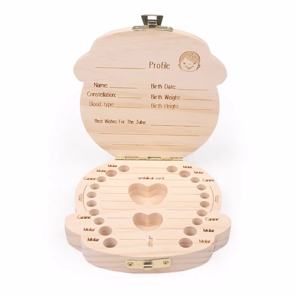 Spanish English Dutch Portugal French Russia  Baby Wood Tooth Box Organizer Milk Teeth Storage Collect Teeth Umbilica Save Gifts