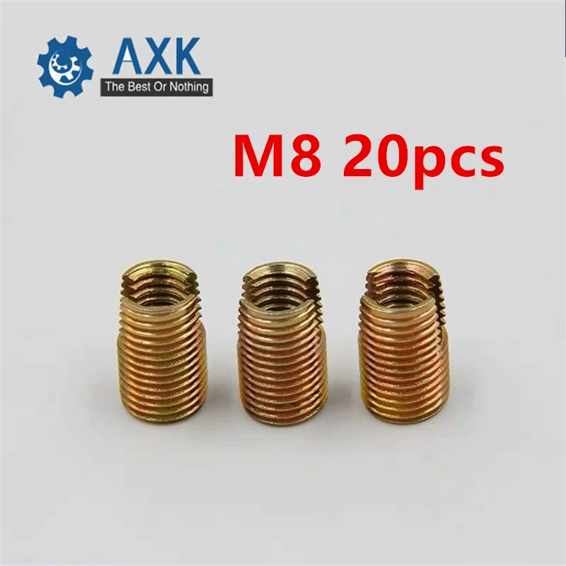 20pcs M8 Self Tapping Thread Insert Screw Bushing M8*M12*15mm 302 Slotted Type Wire Thread Repair Insert Steel With Zinc