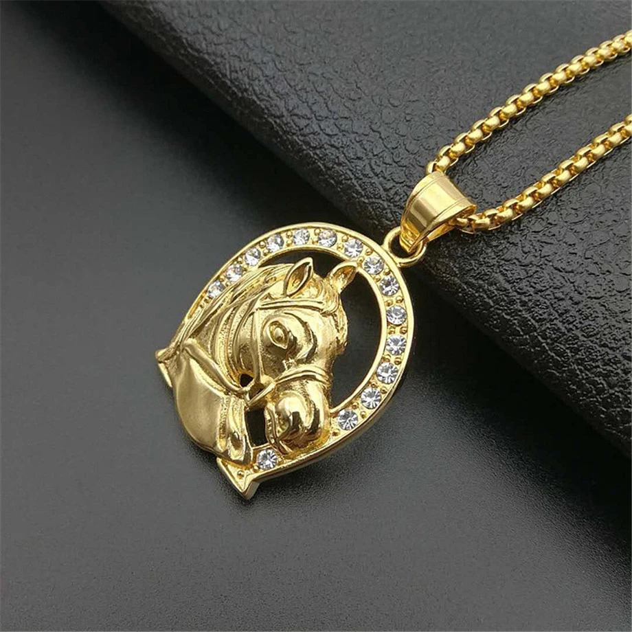 Jockey Club Horse Head Pendants Necklaces For Women/Men Gold Color Stainless Steel Horseshoe Iced Out Bling Hip Hop Jewelry