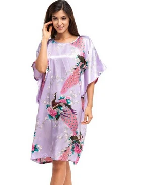 Brand New Pink Female Silk Rayon Robe Nightshirt Summer Bathrobe Gown Sleepwear Flower Home Dress Peacock Plus Size 6XL A-074