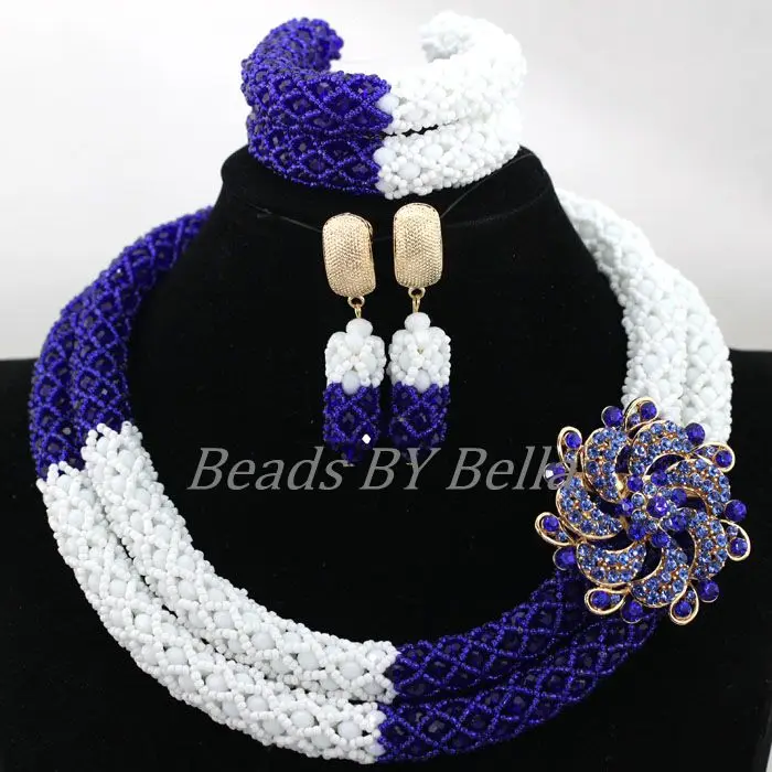 

NEW African Beads Women Choker Necklace Royal Blue White Crystal Beads Indian Wedding Bridal Jewelry Sets Free Shipping ABK949