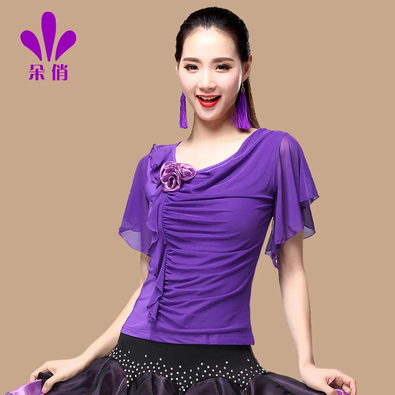 Camisa de baile cuadrada para mujer, ropa de baile de talla grande, manga corta, moda femenina, Rumba, Samba, novedad de verano, abrigos de baile, B-4342