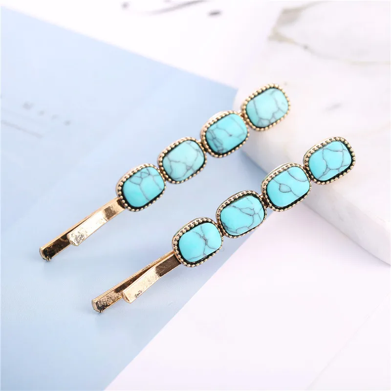 2pcs/Set Korean Fashion Women Girls Gold Metal Geometric Hair Clips Natural Stone Hairpins Vintage Barrettes Hair Accessories