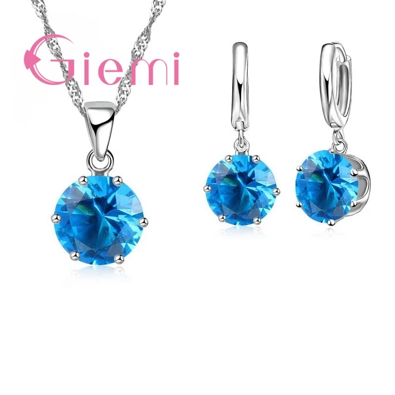 925 Sterling Silver Crystal Round Drop El Collar Lady Best GiftTop CZ Jewelry Sets Silver Necklace Earrings Cubic Zirconia