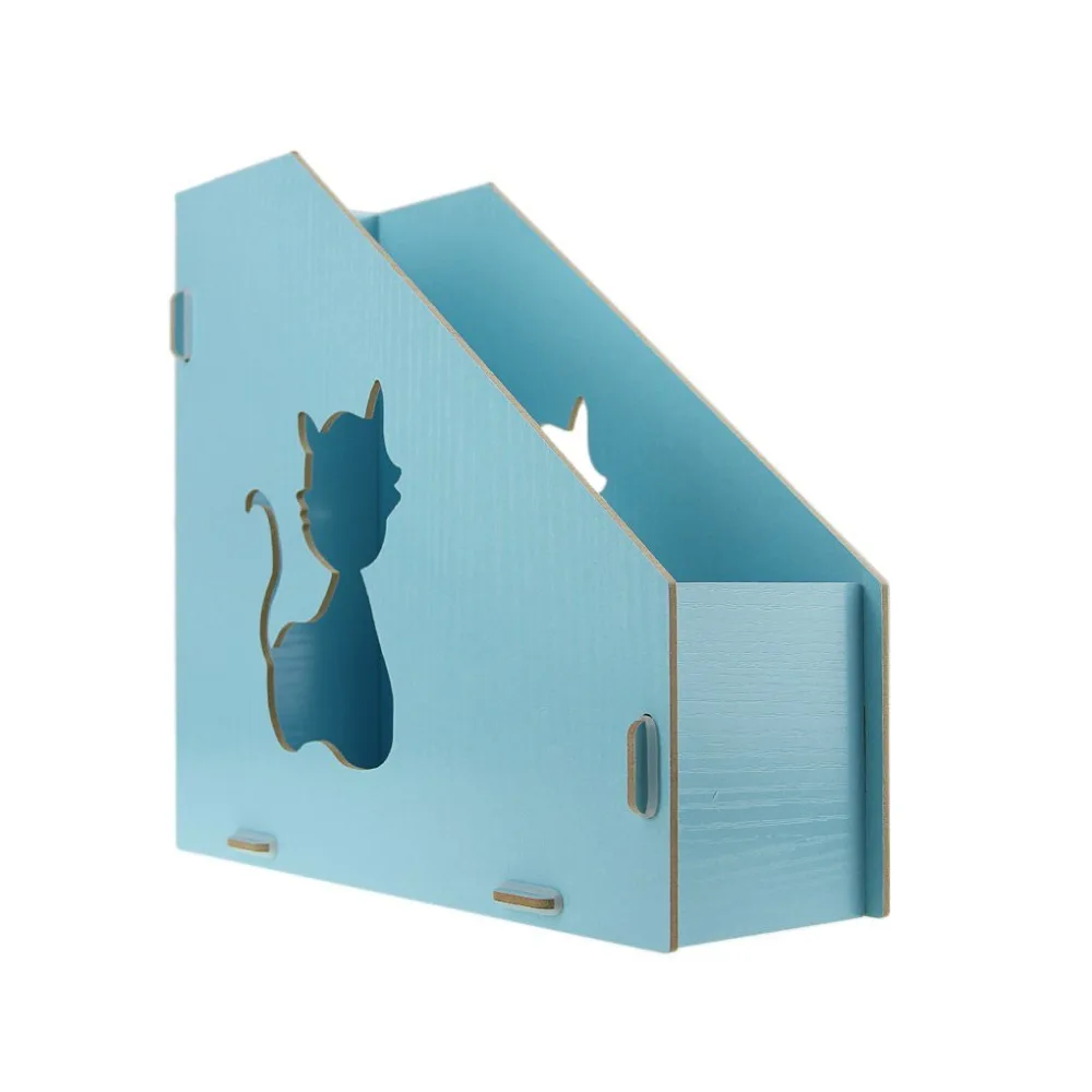 Cute Cat Hollow Out DIY Wooden Magazine Holder Desktop Books Organizer Office File Collector (Light Blue)