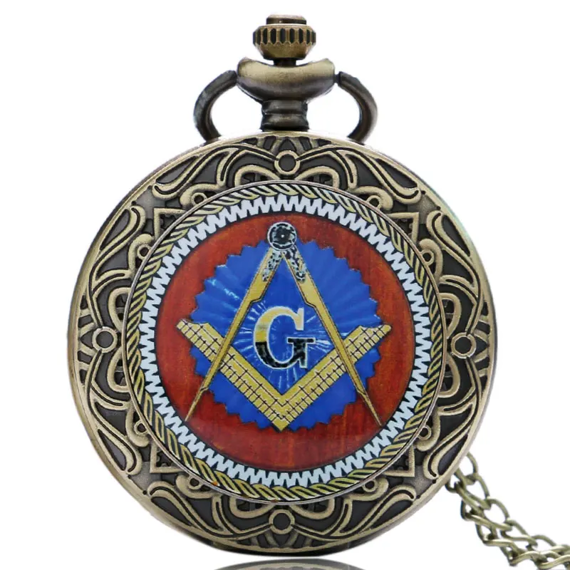 Masonic Freemasonry Square and Compass Mason Badge Quartz Pocket Watch with Necklace Pendant Souvenir Symbol Gifts for Freemason