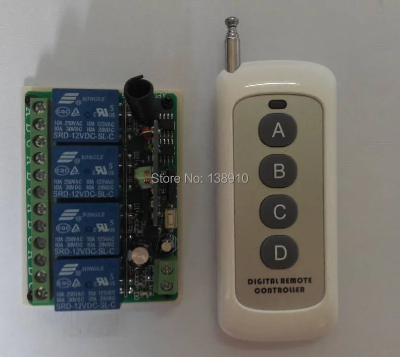 

New DC 12v 10A relay 4 channel wireless RF Remote Control Switch teleswitch Transmitter and Receiver for Wireless system