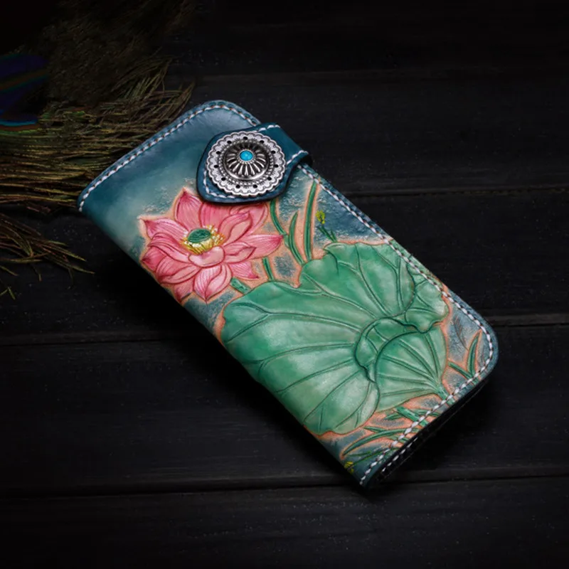 Genuine Leather Wallets Carving Lotus Turquoise Bag Purses Women Long Clutch Vegetable Tanned Leather Wallet Birthday Present