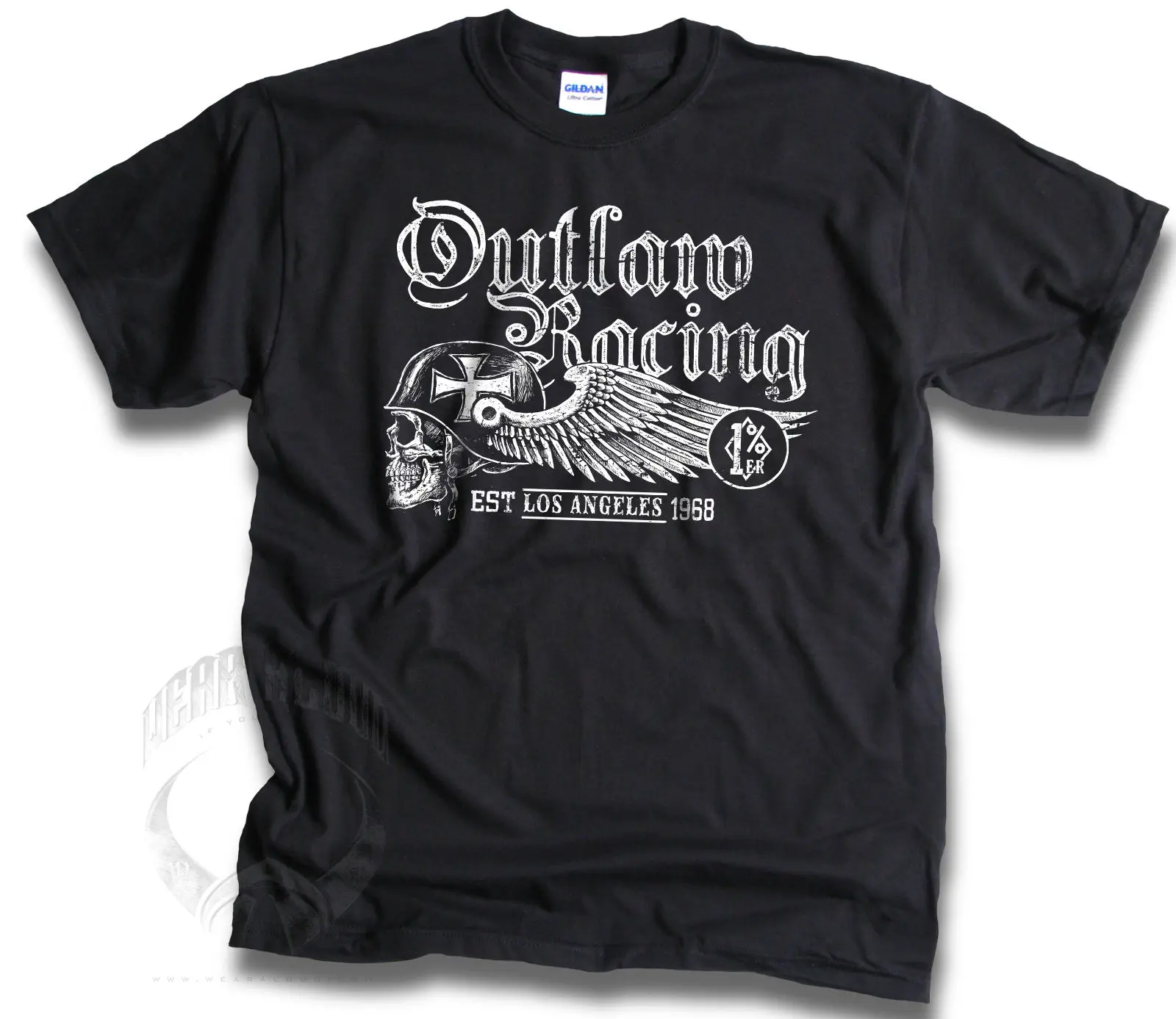 2019 Fashion Hot sale 100% cotton Outlaw Racings Los Angeles 1968 Skull Wings Mens Black Biker T Shirt Sm -3XL Tee shirt