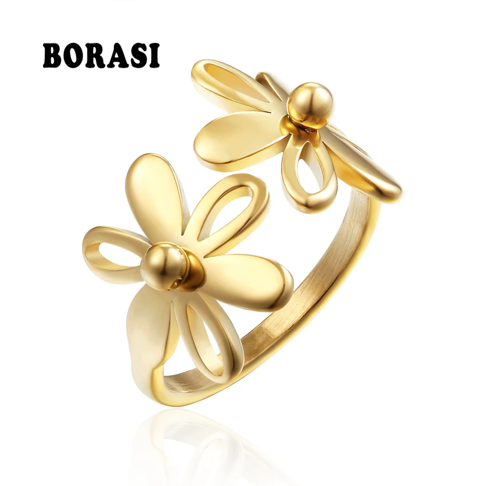 BORASI Top Quality Trendy Stainless Steel Double Flower Ring Wedding Female New Party Girl A Good Gift Rings For Women