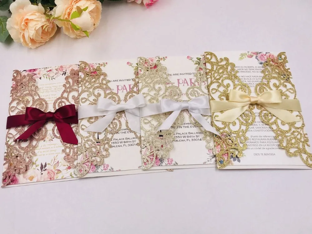 1X Rose Gold Silver Champagne Glitter Ivory Navy Blue Black White Hollow Flower laser cut wedding invitation cards with ribbon