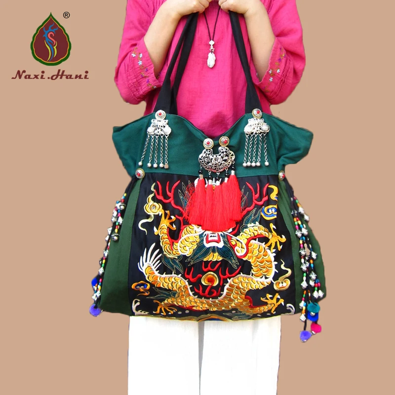 High quality Women\'s bag Green canvas shoulder bag Embroidery Ethnic bags DIY handmade beaded large designer women handbags