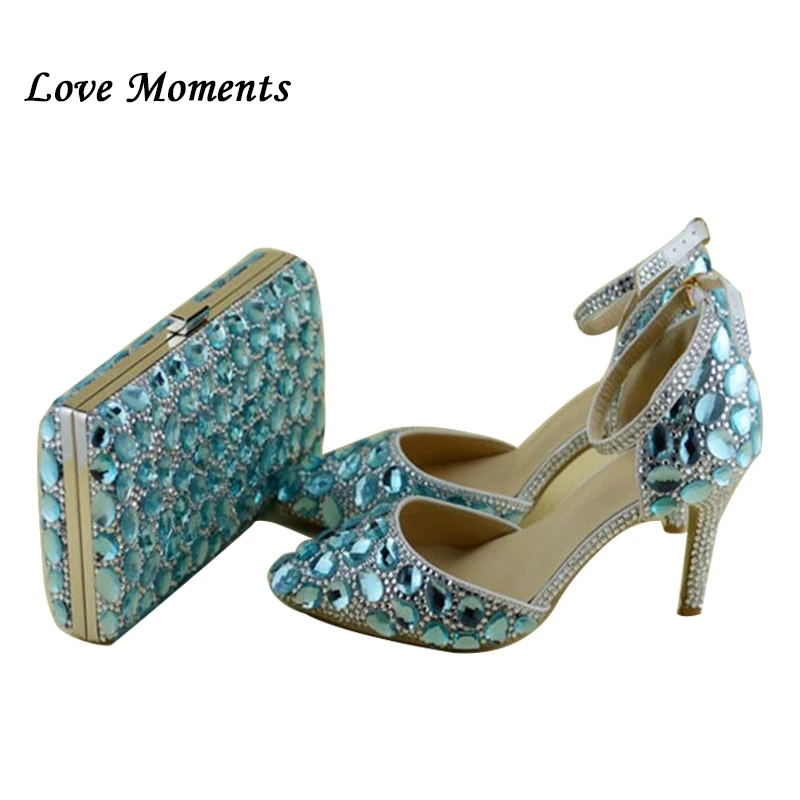 Sky Blue Luxury Rhinestone wedding shoes with matching bag anckle strap shoes woman pointed toe high heels shoes  Big size 34-42