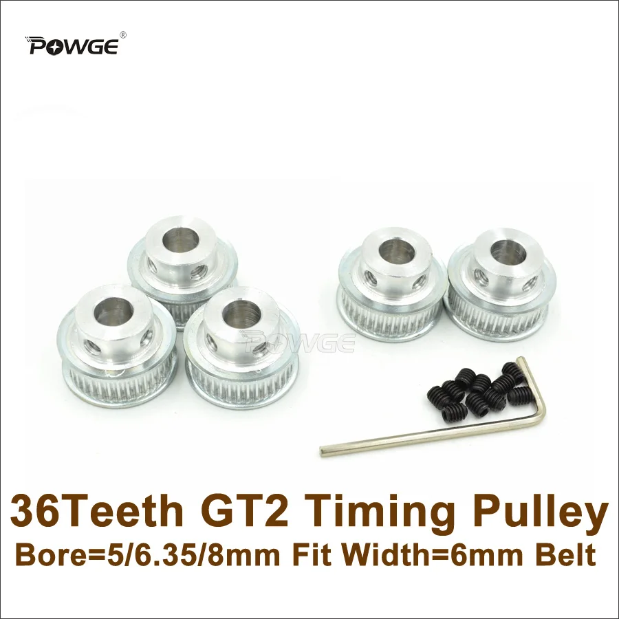 

POWGE 5pcs 36 Teeth 2GT Timing Pulley Bore 5/6.35/8mm Fit Width 6mm 2GT Belt 36T 36Teeth GT2 Timing Belt Pulley For 3D Printer