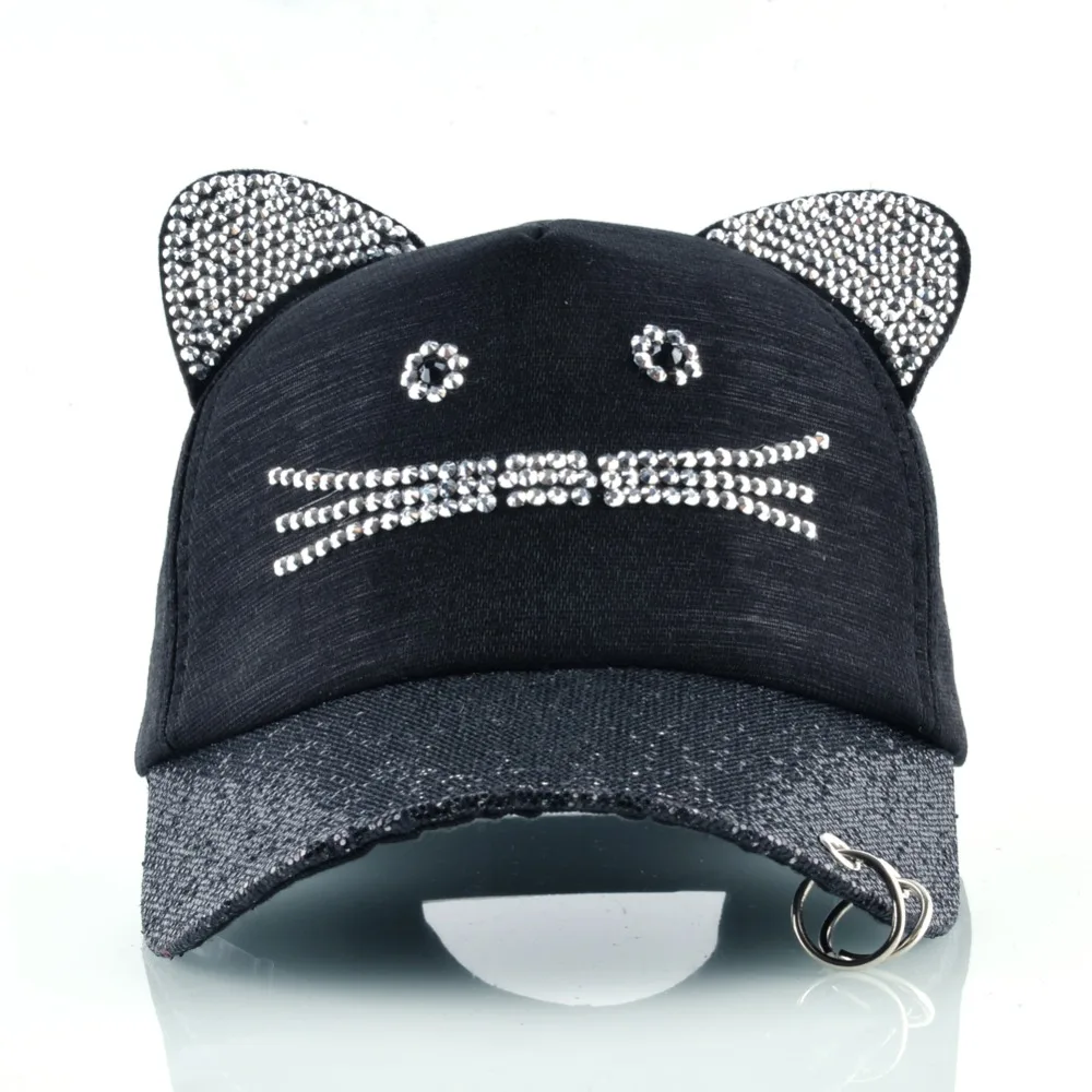 Girls Flashing Rhinestone Baseball Cap With Cute Cat Ears Snapback Hip Hop Hats For Women Drake Metal Ring Trucker Bone Feminino