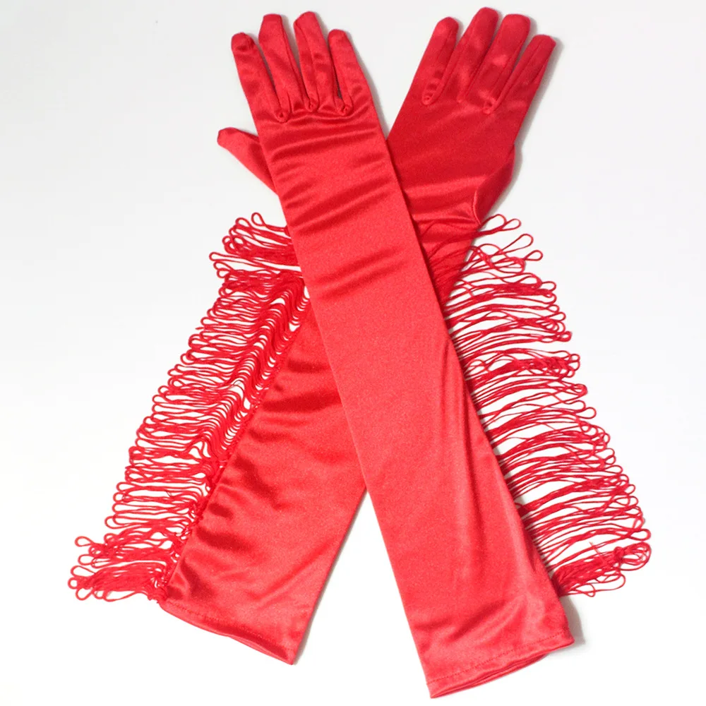 JaneVini-guantes de boda de satén con borlas para novia, largos, negros y blancos, para espectáculo de baile latino, rojos, de dedo completo