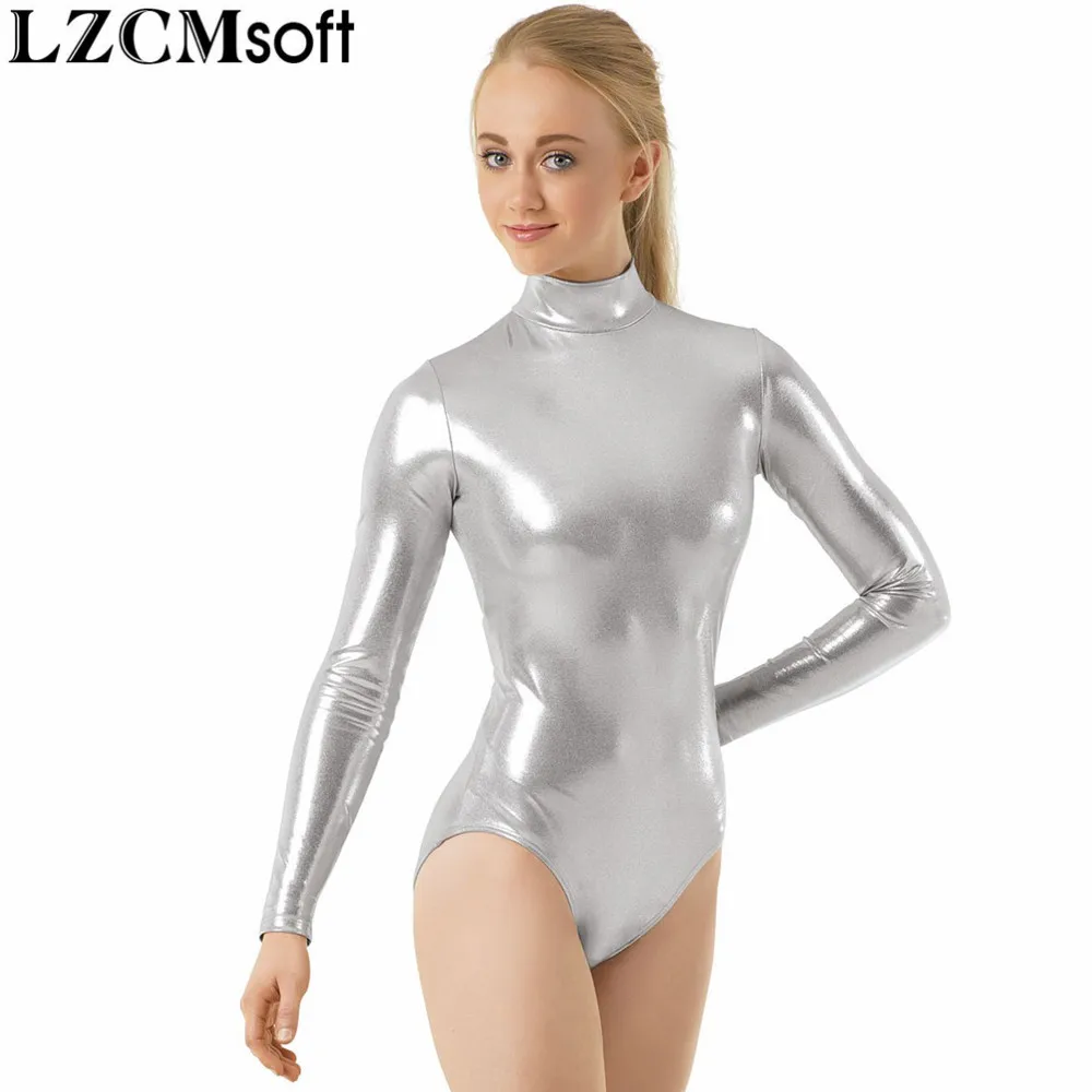 LZCMsoft Adult Shiny Metallic Mock Neck Leotard Women Black Long Sleeve Gymnastics Performance Ballet Dance Leotards Teams Wear