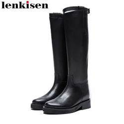 High Street Big Size Black Colors Genuine Leather Med Heels Western Riding Boots Round Toe Brand Luxury Zipper Knee-high Boots