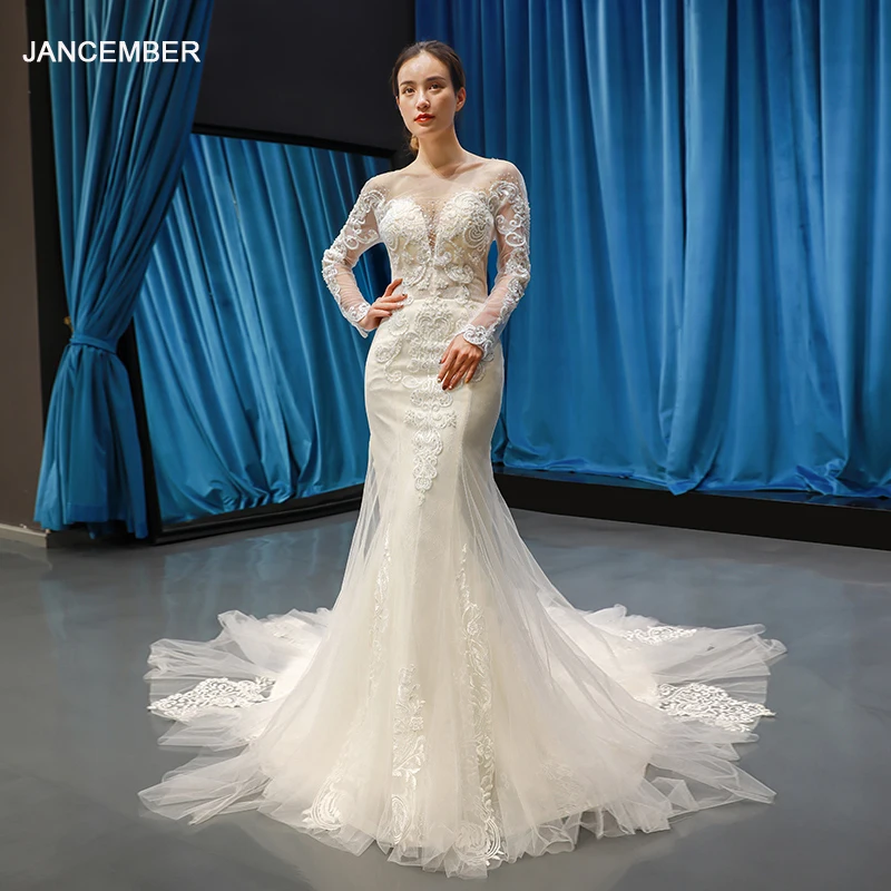 

J66624B jancember mermaid wedding gowns dress plus size long sleeve lace up o-neck floor length appliques lace 긴 소매인어웨딩드레스 2019