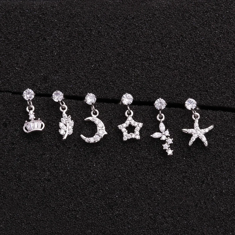 New arrival 6styles Star heart Moon crystal tragus ear piercing plug stainless steel daith earrings helix cartilage studs