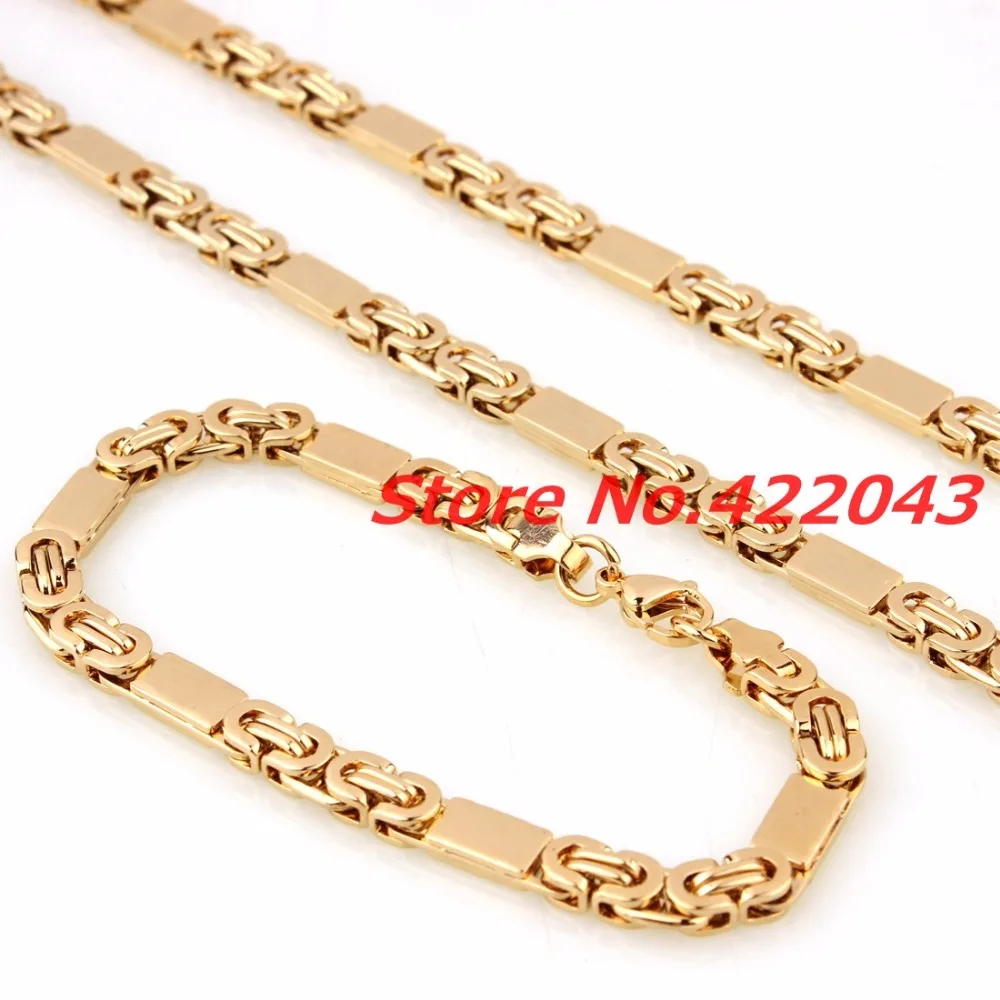 6mmx55cm Necklace + 6mmx22cm bracelet boy Mens Womens Chain Gold Tone Flat Byzantine Link Chain Stainless Steel Jewelry