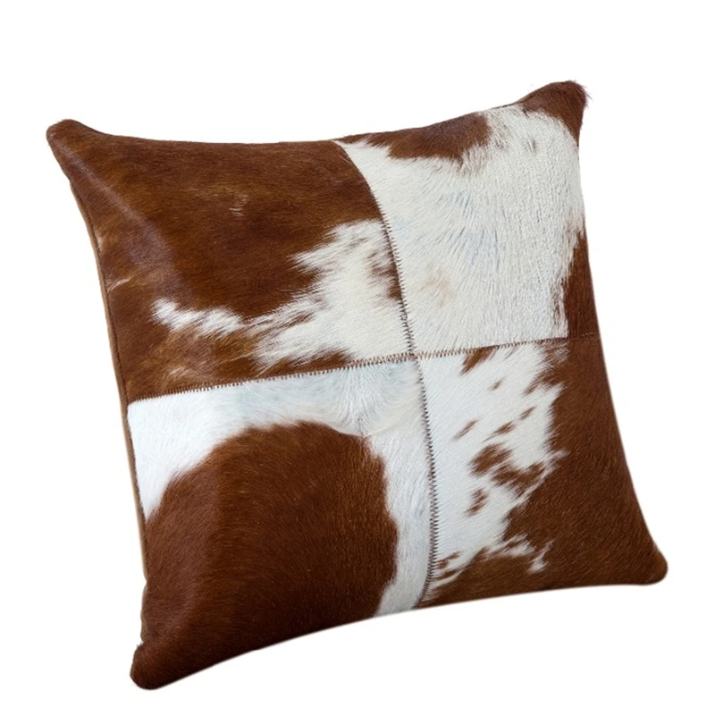 Amercian Style White  Brown Natural Cowhide Fur Cushion, 45cm/50cm/60cm