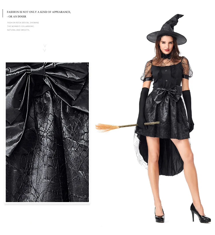 New Black Sexy Witch Costume Women Halloween Party Party Stage Dress Witch Cosplay for Adult girls dress + belt +gloves + hat