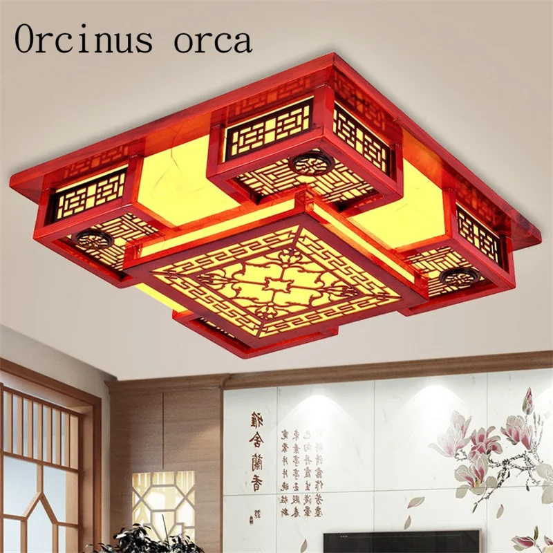 New Chinese sheepskin led ceiling lamp living room restaurant teahouse study modern retro solid wood ceiling lamp