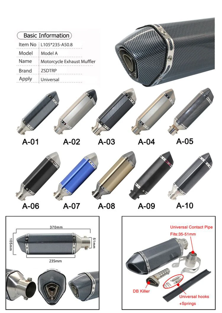 Alconstar- 51mm Inlet Motorcycle Motorbike Escape Moto AkYoshimura Exhaust Muffler NMAX EXC ER6N R6 R15 TMAX500 Racing