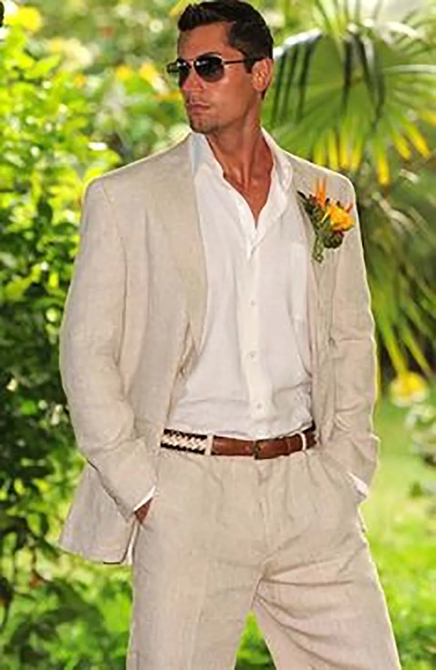 Light Beige Linen Suits Men Beach Wedding Suits For Men Custom Made Summer Linen Suit Tailored Groom Tuxedo optional half-lined image 2