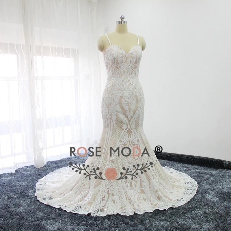 Rose Moda Stunning Sequined Lace Mermaid Wedding Dress Thin Straps Real Photos