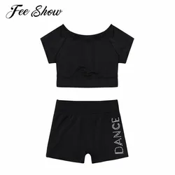 FEESHOW Kids Girls Tankini Short Sleeve Tank Top with Letters Shorts Bottoms Set for Girl Ballet Dance Sports Workout Gymnastics