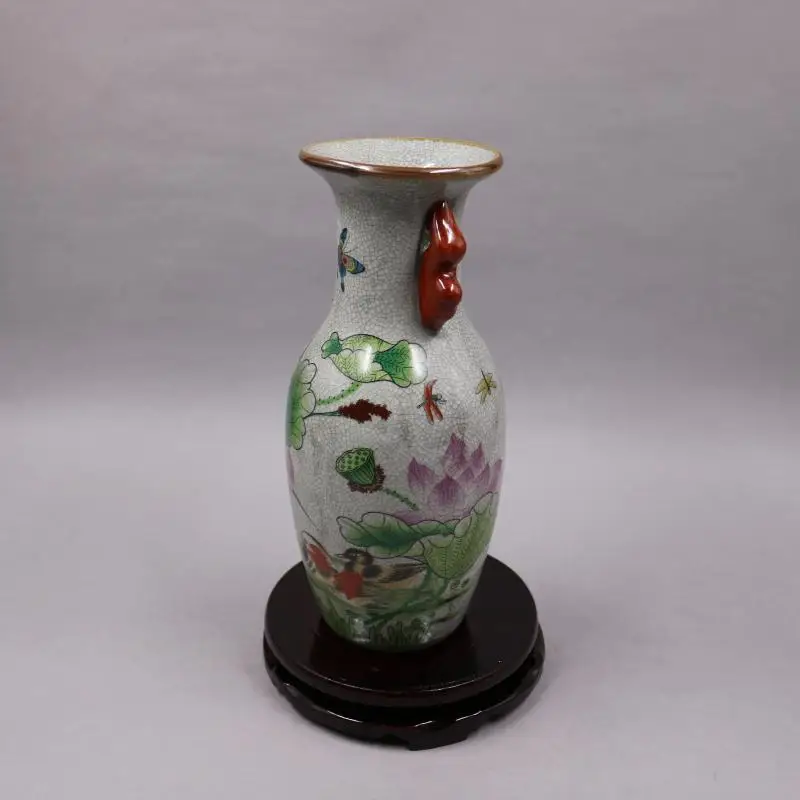 Chinese Old Porcelain Crack Glazed Mandarin Duck Lotus Painting Double Ear Vase