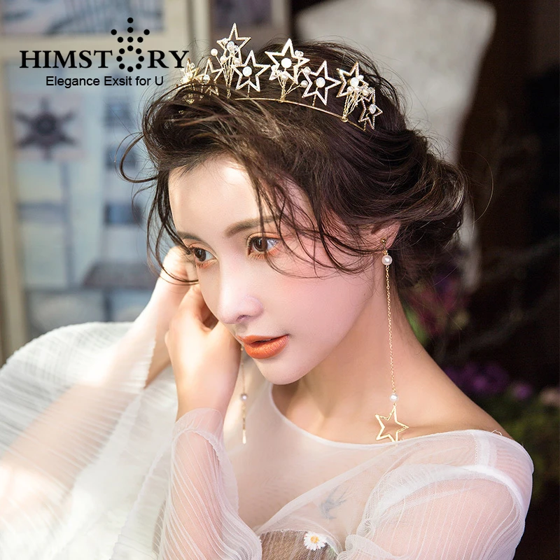 

Himstory Hot Vintage Baroque Brides Stars Tiara Crowns with Long Earring Pearls Hairbands Wedding Hair Accessories