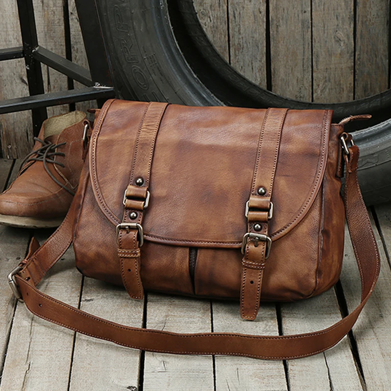 Vintage Genuine Leather Messenger Bag men Leather Shoulder Bag Men Crossbody Bag male Fashion Casual Sling Leisure Bags Brown