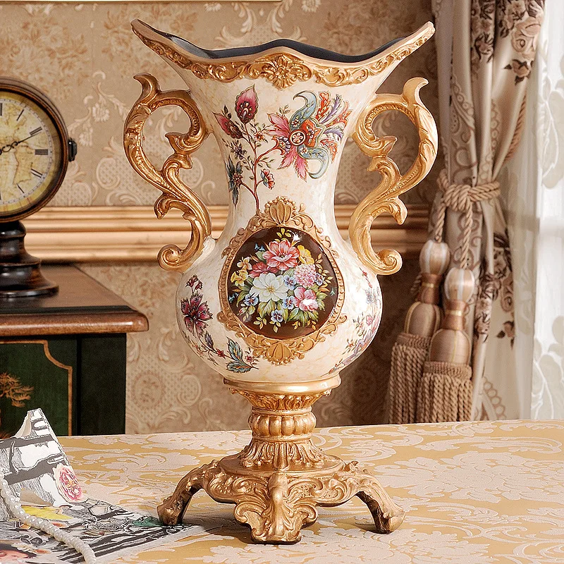 European-style new resin binaural vase home hand-painted Vintage carving antique countertop vase decorative ornaments