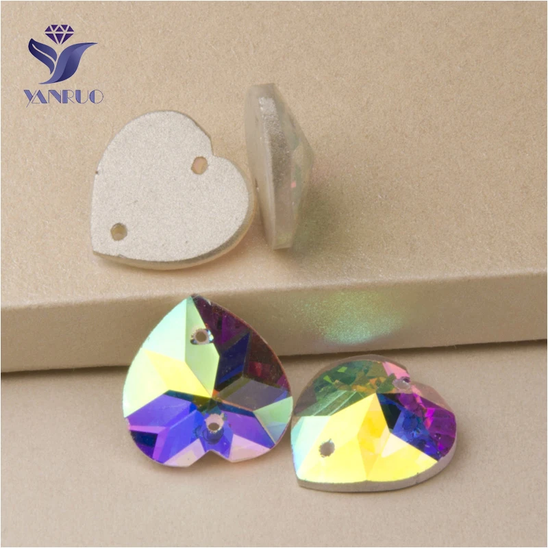 YANRUO 2202TH Heart 40mm AB Glass Stones Flat Back Glitter Strass DIY Crafts Sew On Crystal Rhinestones For Dresses