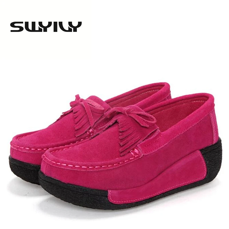 

Leather Tassel Women Toning Shoes Height Increasing Swing Shoes Thick Soles Wedge Slimming Shoes Spring Autumn Women Lazy Shoes