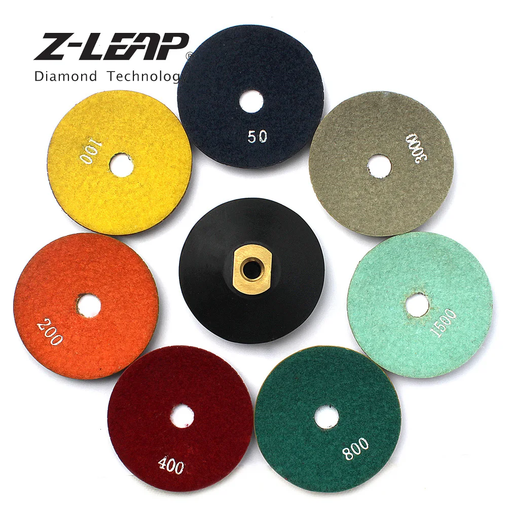 Z-LEAP 7pcs/Set 4 Inch Convex Wet Diamond Polishing Pads With M14 Or 5/8-11 Rubber Backer 100mm Bowl Shaped Sanding Disc