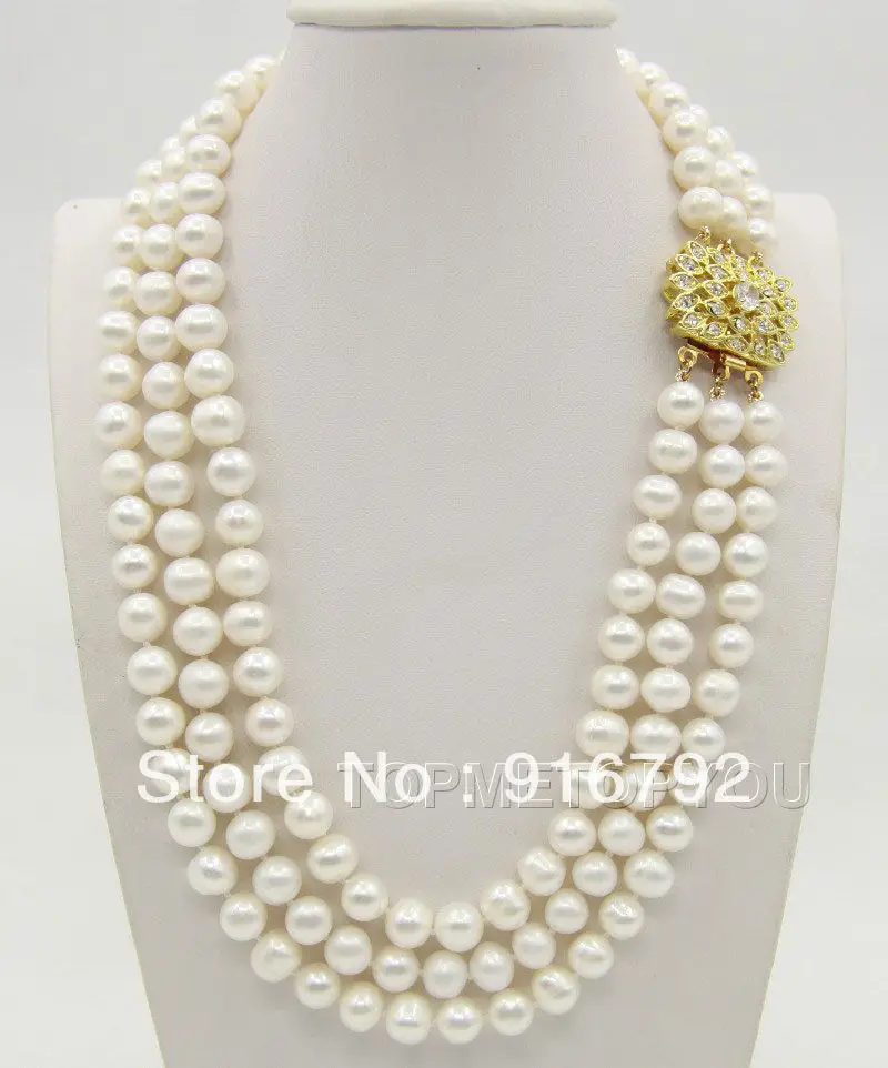 

free shipping Wonderful 3rows 8-9mm natural white pearls necklace