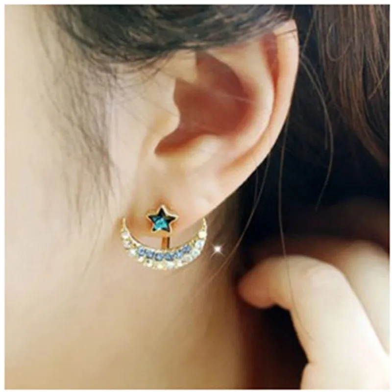 Shiny Full Rhinestones Crystal Stud Earrings Fashion Moon Star Double Sided Earrings For Women Girls Statement Ear Jewelry