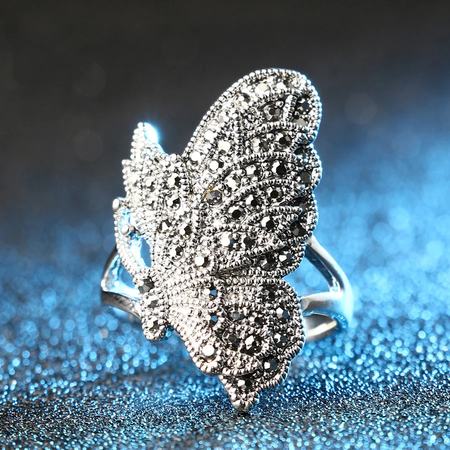 Unique Black CZ Zircon Butterfly Ring For Women Bohemia Style Silver Color Vintage Animal Jewelry Can Be Paired